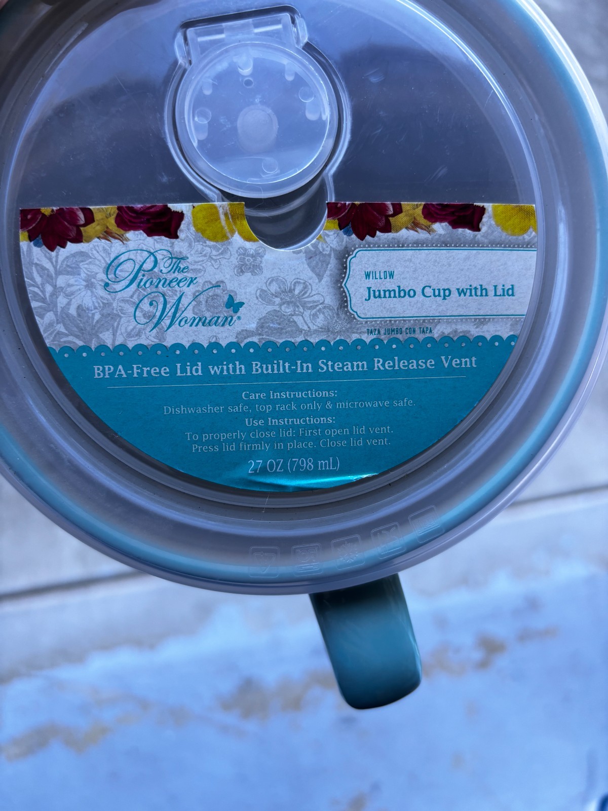 Pioneer Woman Jumbo Soup Mug Cup Willow Floral 27 oz w/ Plastic Lid