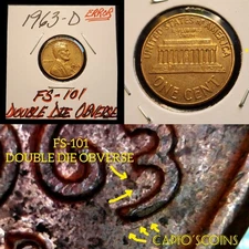 "DOUBLE DIE OBVERSE" FS-101 1963-D LINCOLN MEMORIAL CENT ERROR VARIETY!