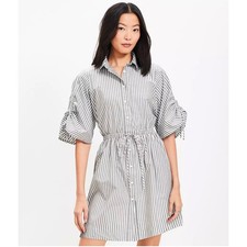 NWT LOFT Striped Shirt Dress Puff Tie Sleeve Coastal Chic Minimalist Summer Sz10