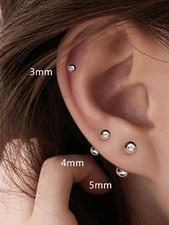 3 Pairs Silver Stainless Steel Ball Stud Earrings 3mm 4mm 5mm
