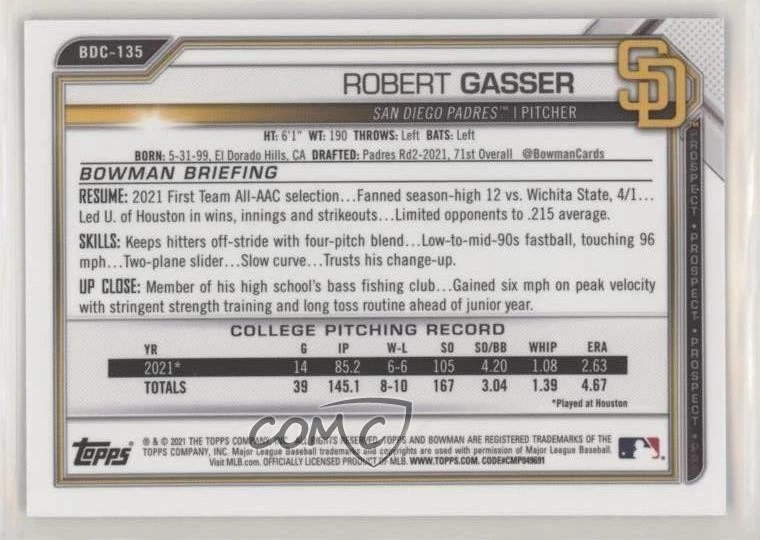 2021 Bowman Chrome Draft Sapphire Edition Robert Gasser #BDC-135 - Image 2 of 2