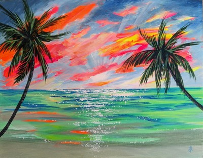 Original Painting On Canvas. Sunset Beach Art. Palm Trees. Island Paradise 11x14