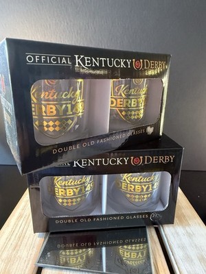 Official Kentucky Derby 149 Double Old Fashioned Glasses Set of 2 Gold Logo NIB