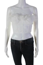Superdown Womens Back Zip Feather Trim Strapless Crop Top White Size Small
