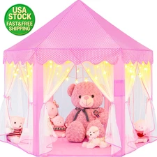 Princess Castle Tent for Girls Kids Playhouse with LED Star Lights Pink 55x53