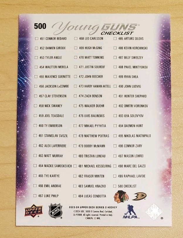 2023-24 Upper Deck S2 Connor Bedard Leo Carlsson Young Guns Checklist #500 view 2