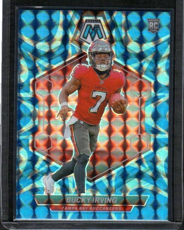 143. 2024 Panini Mosaic #385 Bucky Irving Mosaic Reactive Blue