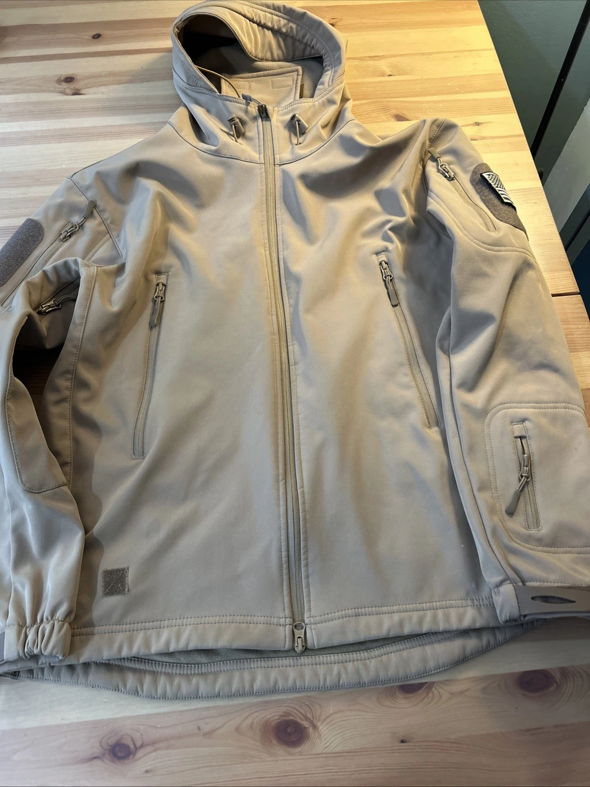 TACVASEN? Mens Medium Tactical Soft shell Fleece Carmel Coat With Flag Patch image 2