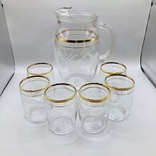 Bartlett Collins Grapes & Vine Pitcher and 6 Glasses Juice Set Etched  Gold Trim