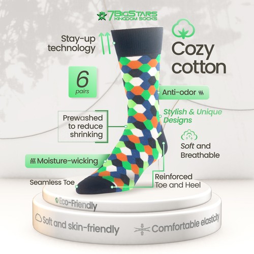 Men Cotton Novelty Socks 6 Pack Diamond Argyle Stripes Large Navy Blue Green - Picture 2 of 17