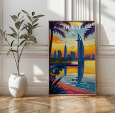 Dubai UAE Travel Poster, Iconic Burj Khalifa Art Print, Middle Eastern Wall Deco