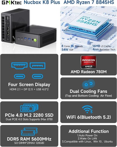 GMKtec Gaming Mini PC K8 Plus AMD Ryzen 7 8845HS(8C/16T, up to 5.1GHz) 64GB DDR5 - Afbeelding 2 van 9