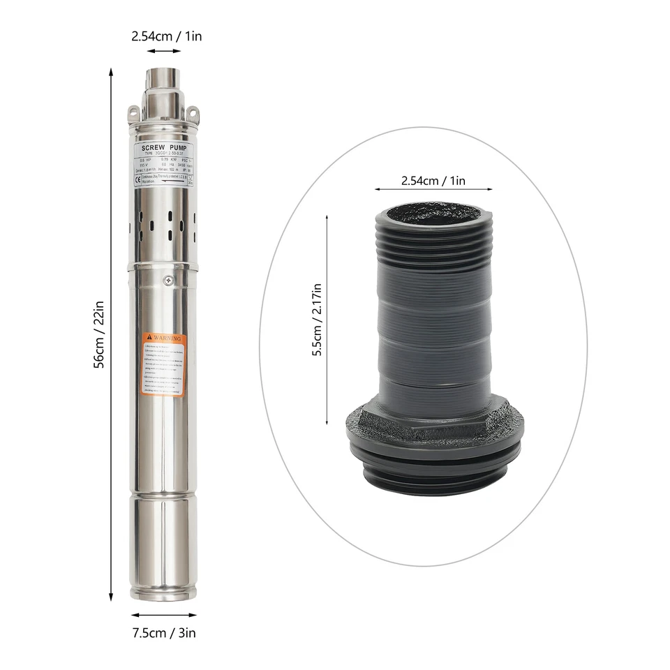 Bomba submersível de poço profundo 3" bomba de água de aço inoxidável 1HP 115V 334 pés 2,5m³/h - Imagem 3 de 4