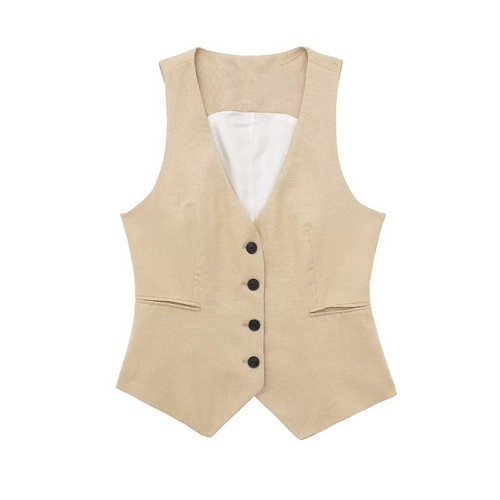 Chaleco informal de lino para mujeres Damas Sin mangas Cuello en V Botones Chaleco delantero Prendas para el torso - Imagen 19 de 42