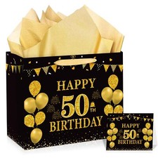 Black and Gold 50th Birthday Gift Bag with Greeting Card and Tissue Paper
