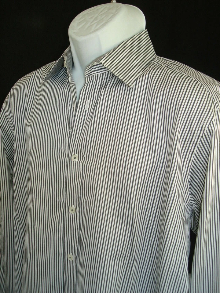 BUGATCH BLACK/WHITE STRIPED FLIP CUFFS 100% COTTON L/S BUTTON FT SHIRT SZ L SLIM - Image 2 of 4