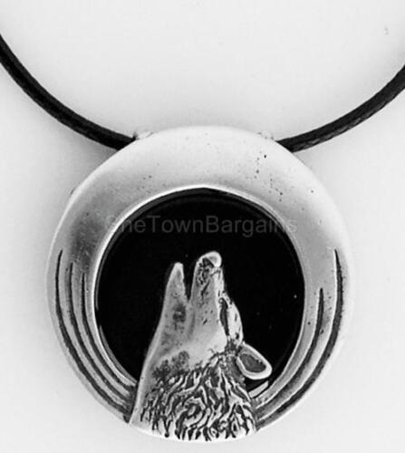 Wyjący wilk wisiorek z czarnym onyksem 1,1 cala okrągły .925 srebro szterling czarny sznurek - Zdjęcie 1 z 1