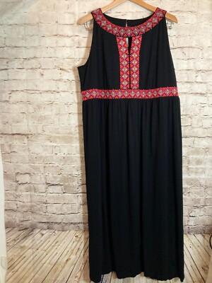Catherines Maxi Dress Womens 1X Black Aztec Embroidered Trim Full Length Plus