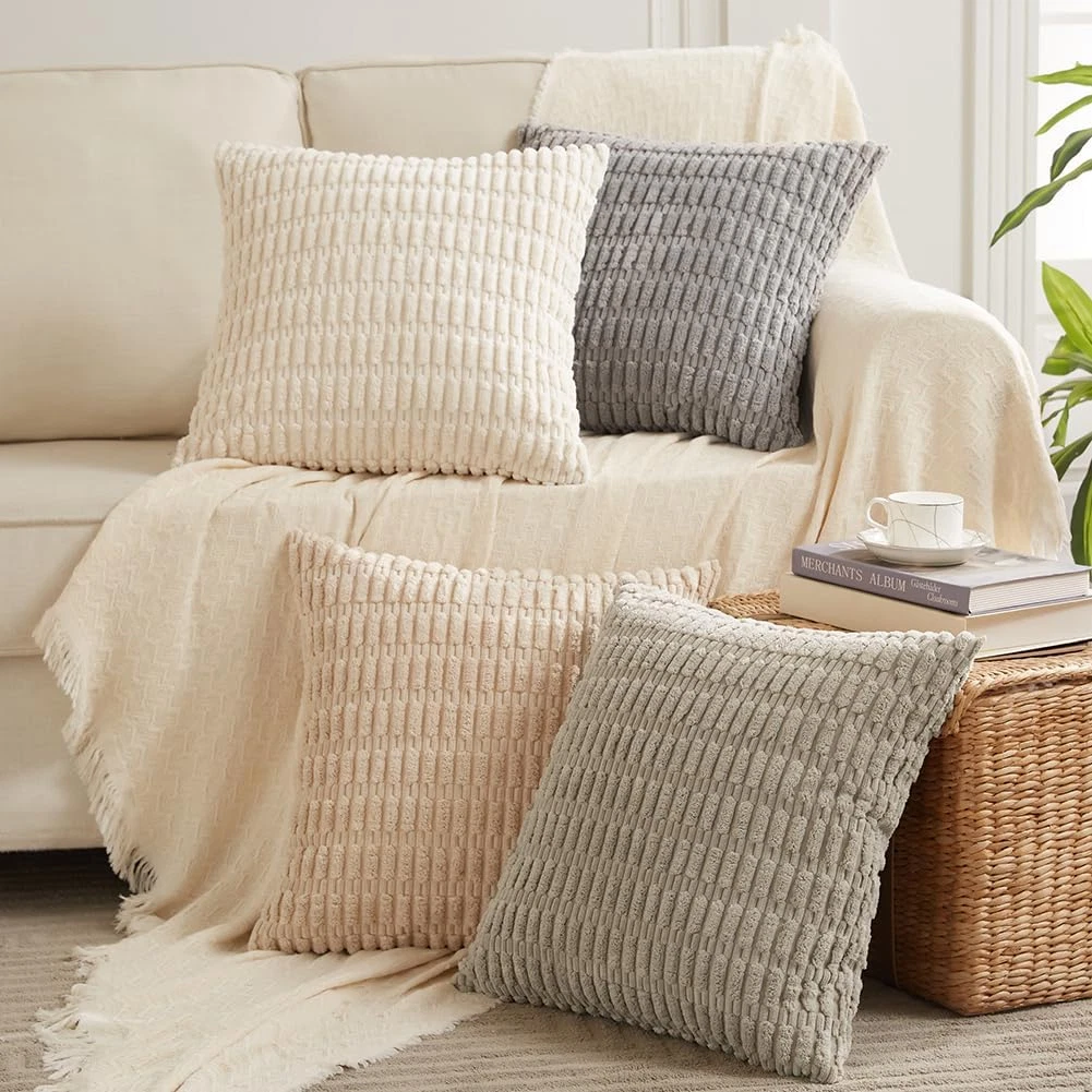 Neutral Decorative Throw Pillow Covers 18x18 Inch, 4 Pack, Rustic Boho Decor