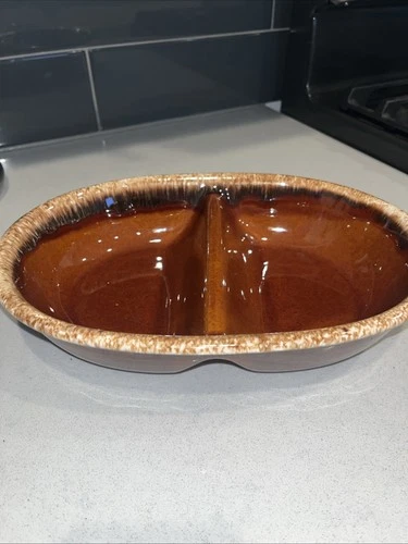 HULL POTTERY BROWN DRIP GLAZE DIVIDED SERVING BOWL DISH OVEN PROOF USA VINTAGE