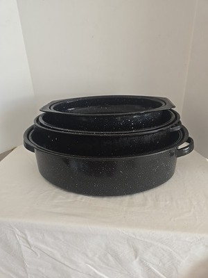 VTG 3 Speckled Black & White Enamelware Ham Turkey Roasting Roaster Pans W/Lids