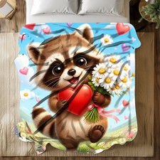 Baby Raccoon Holding Heart And Daisies Coral Fleece Blanket