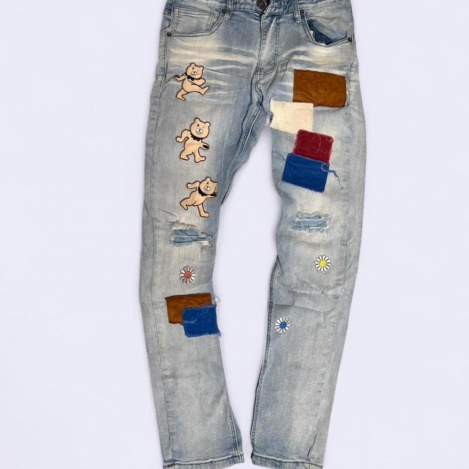 Kloud 9 Blue and cream denim jeans with a unique, bears and patchwork design