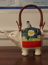 Vintage Maruhon Ware Antique Lucky Elephant & Rider Teapot - Rattan Handle 1920s
