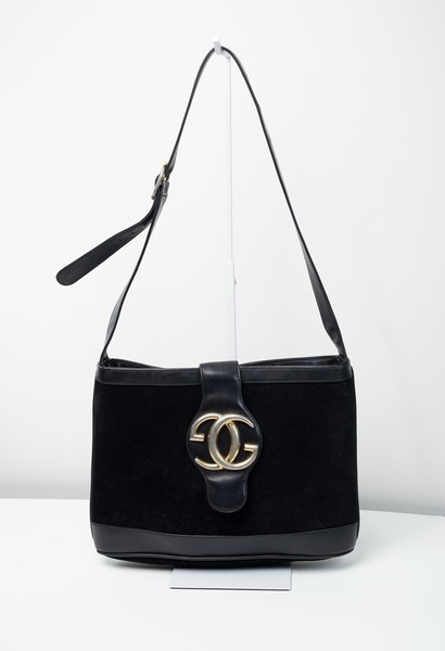 Vintage Gucci Black Suede Interlocking G Shoulder Bag 1960s Rare Italy