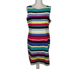Tahari Womens Size 12 Pink Blue Striped Linen Blend Sleeveless Sheath Zip Dress