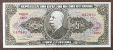 Vintage 1964 Brazil 5 Cruzeiros Banknote World Currency Crisp Uncirculated