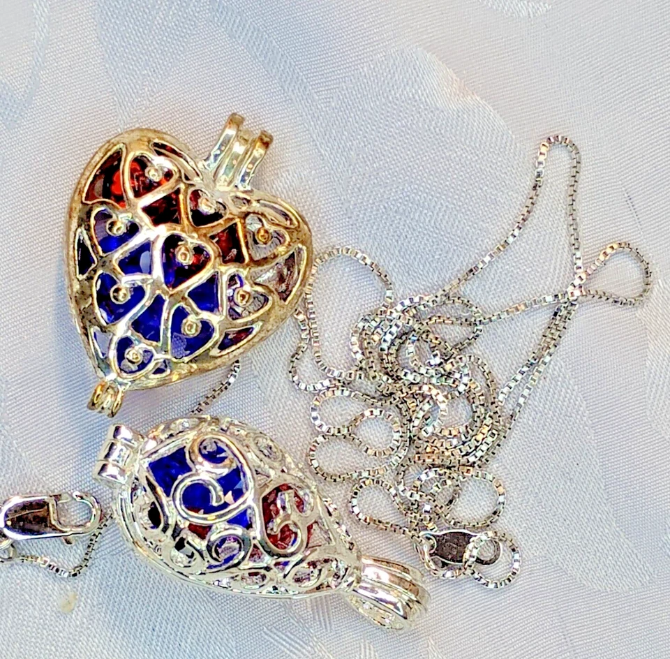 Collar Plata 925 2 Medallones Intercambiables + Piedras Azules Rojas Corazón Lágrima Foto 3 de 4