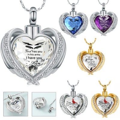 Angel Wing Crystal Heart Urn Pendant Memory Necklace for Cremation Ashes Jewelry
