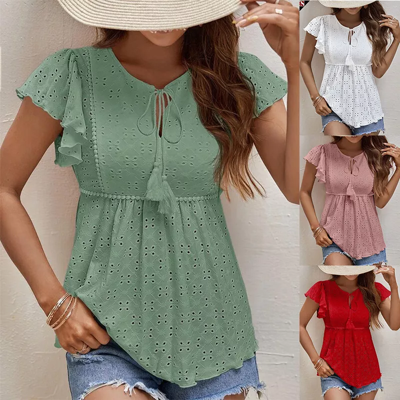 Womens Tunic T-Shirt Lace Tops Tees Blouse Boho Summer Solid Party