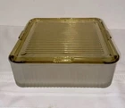 Vintage 8.5” Square Fridgey Lidded Refrigerator Dish Yellow Lid Frosted Bottom