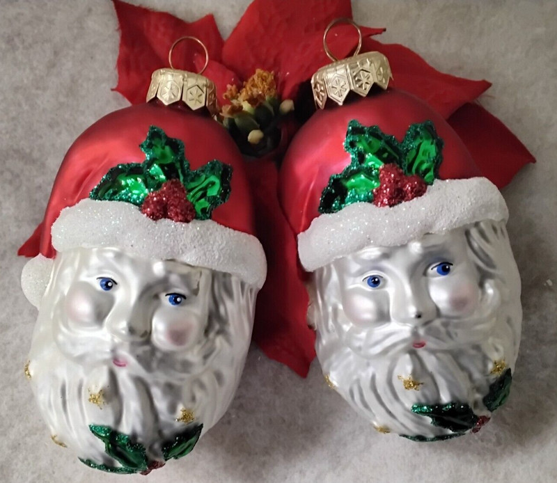 2 Vintage 5" Santa Claus Heads Blown-Glass Christmas Tree Ornaments-Poland