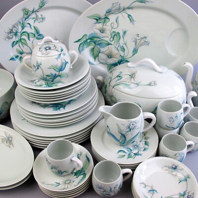 Haviland Limoges Floralies Teller Schüsseln Teekanne Teetassen Servierschalen. Grün.