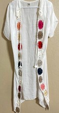 Women's Floral Crochet White Gauzy Sheer Duster Side Slits Boho Hippie Beach