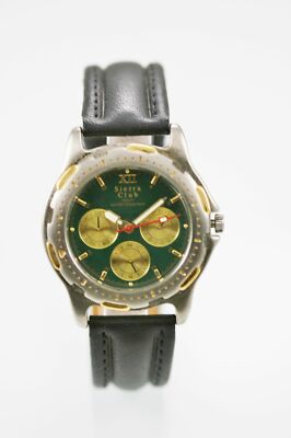 Sierra Club Watch Men Day Date 24h Stainless Silver Gold Leather Black 30m Green