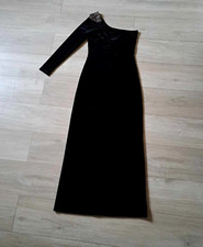 F&F Black Velvet One Shoulder Stretch Dress Beaded Evening Goth Christmas UK8