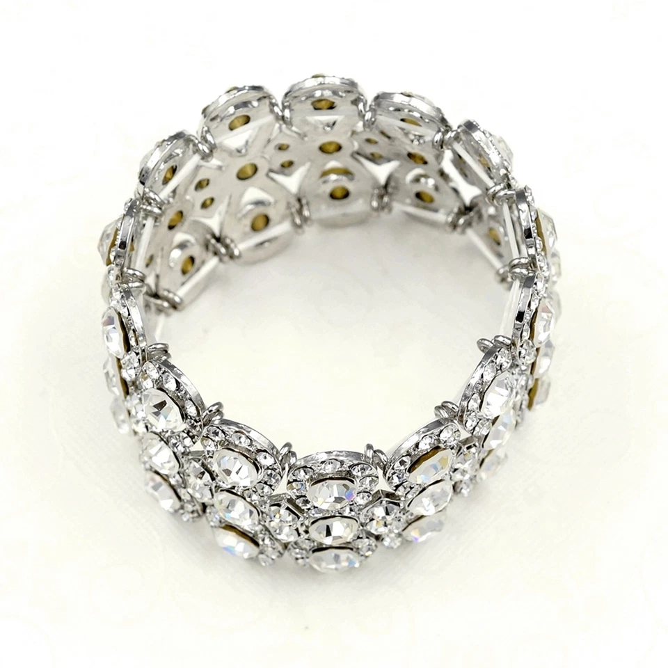 Stretch Bracelet Clear Crystal Silver Tone Bangle Cuff Bridal Wedding 09998 - Image 3 of 4