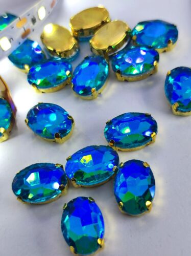 Sew On Oval Sapphire Blue AB Glass Crystal Stones Beads 20PC 10x14 mm Gold Claw - Afbeelding 1 van 7