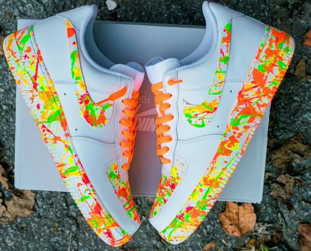 Nike Air Force 1 Neon Splatter Custom Orange Laces Green Yellow