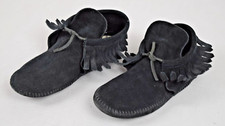 VTG Leather Moccasins Size 8 90s Minnetonka Buttery Soft Black Suede Tassels