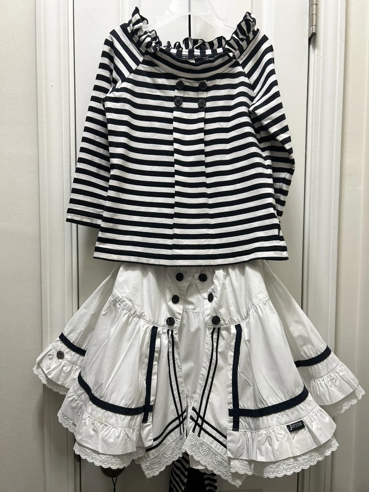 JUEGO DE 5 PIEZAS*RARO JOTTUM Encantador, Náutico*3 Tops, Falda, Medias—Talla 128, EE. UU. 7-8 Foto 2 de 4