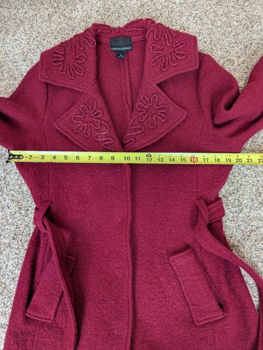 Cynthia Rowley Red Wool Blazer Pea Coat Womens Medium Embroidered Detail Belted - Picture 10 of 11