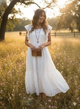 J.CREW White Cotton Smocked Tiered Maxi Dress Small Ruffle Flutter Sleeve