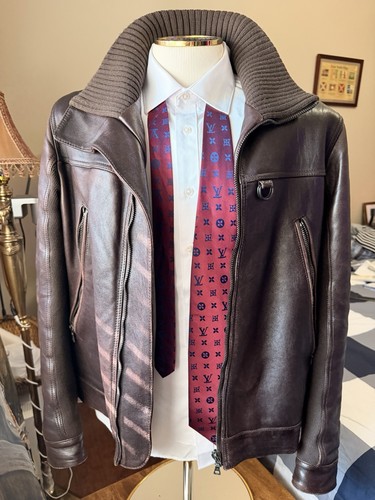 $6500 Prada Brown Leather/Wool Moto Bomber Jacket Men Awesome
