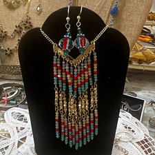 Multicolor Glass Beaded Fringe Necklace  Dangle Earrings Jewelry Set 003072026