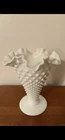 Fenton Hobnail Mid Century White Milk Glass Trumpet Vase w/Ruffled Rim 8”